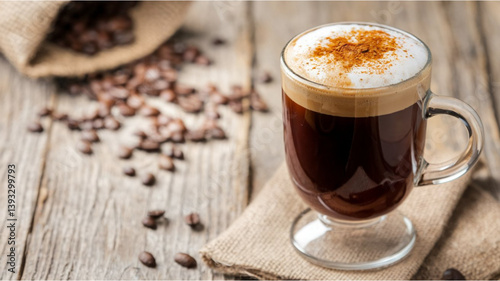 Fotografia Coffee with Creamy Froth: A glass mug of dark coffee topped with froth and a sprinkle of spice, placed on a rustic wooden surface with scattered coffee beans