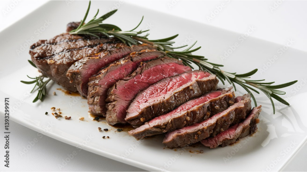 Grilled Steak: Sliced medium-rare steak with a pink center, garnished with fresh rosemary sprigs, served on a white plate with a plain background to highlight the dish. Grilled Steak: Sliced medium-rare steak with a pink center, garnished with fresh rosemary sprigs, served on a white plate with a plain background to highlight the dish.
