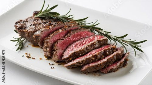 Grilled Steak: Sliced medium-rare steak with a pink center, garnished with fresh rosemary sprigs, served on a white plate with a plain background to highlight the dish.