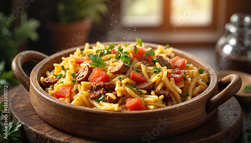 Delicious pasta dish with Italian sausage in rustic kitchen, comfort food