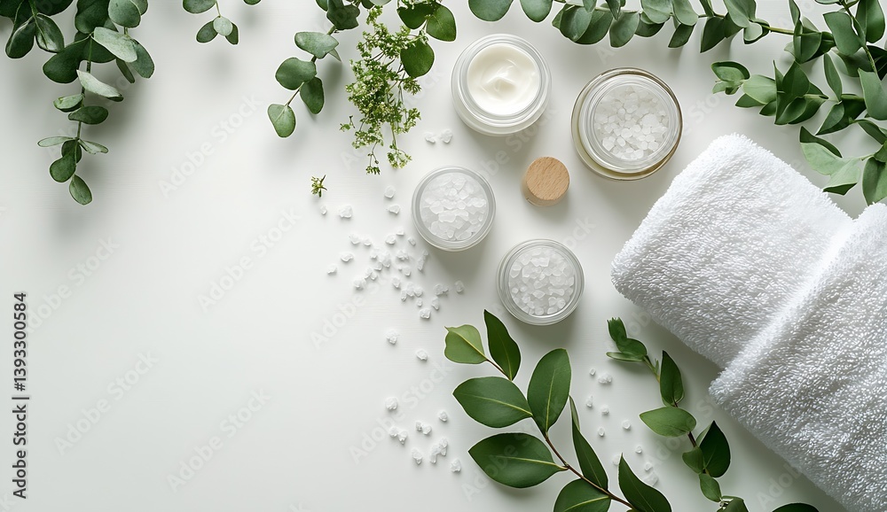 Serene Self Care Arrangement with Creams Salts and Fresh Eucalyptus for Ultimate Relaxation : Generative AI Serene Self Care Arrangement with Creams Salts and Fresh Eucalyptus for Ultimate Relaxation : Generative AI