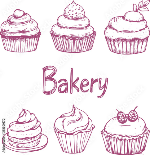 set of doodle sketch of cupcakes and text that say Bakery