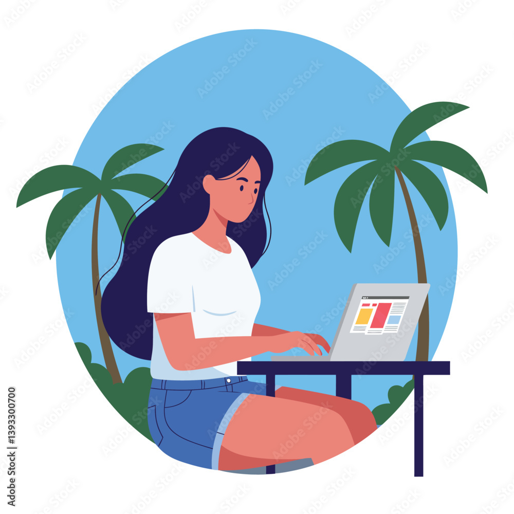 Young woman working on laptop in tropical setting flat vector illustration Young woman working on laptop in tropical setting flat vector illustration