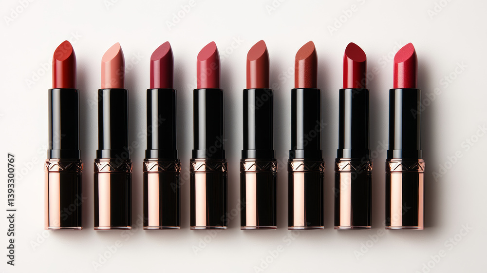Neat flat-lay of fashionable lipsticks and a makeup brush on white background, ideal for clean beauty visuals Neat flat-lay of fashionable lipsticks and a makeup brush on white background, ideal for clean beauty visuals