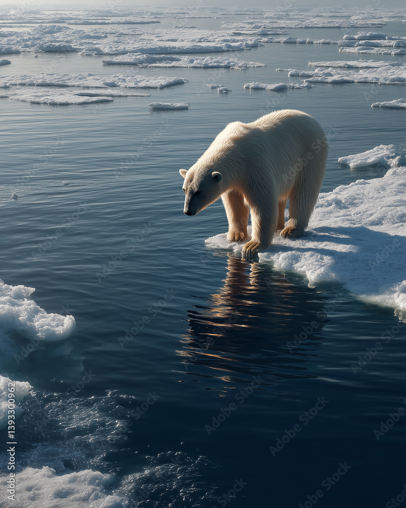 Naklejka premium A lone polar bear walks on cracked ice at the edge of a calm lake during sunset, symbolizing habitat loss and warming.