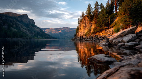 Soft evening light casting golden glow on mountain lake.