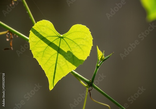 A close-up of a vibrant heart-shaped leaf illuminated by the sun against a blurred background.