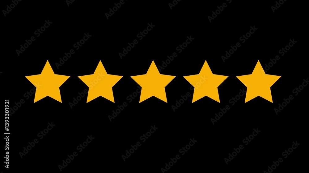 Five star rating icon animated video ,animation video isolated on alpha channel background. Animated of 5 stars rating isolated on transparent black background with alpha channel in 4K
