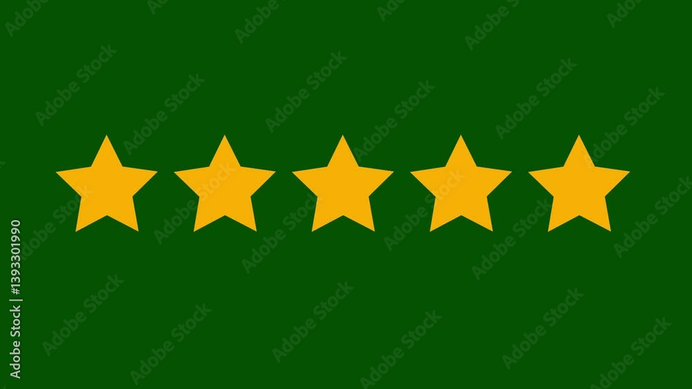 Five star rating icon animated video ,animation video isolated on alpha channel background. Animated of 5 stars rating isolated on transparent green background with alpha channel in 4K