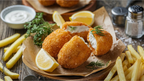 Bild auf Leinwand Breaded Croquettes & Fries: Golden-brown croquettes with crispy fries, white sauce, lemon wedges, and a salt shaker, set on a rustic wooden table