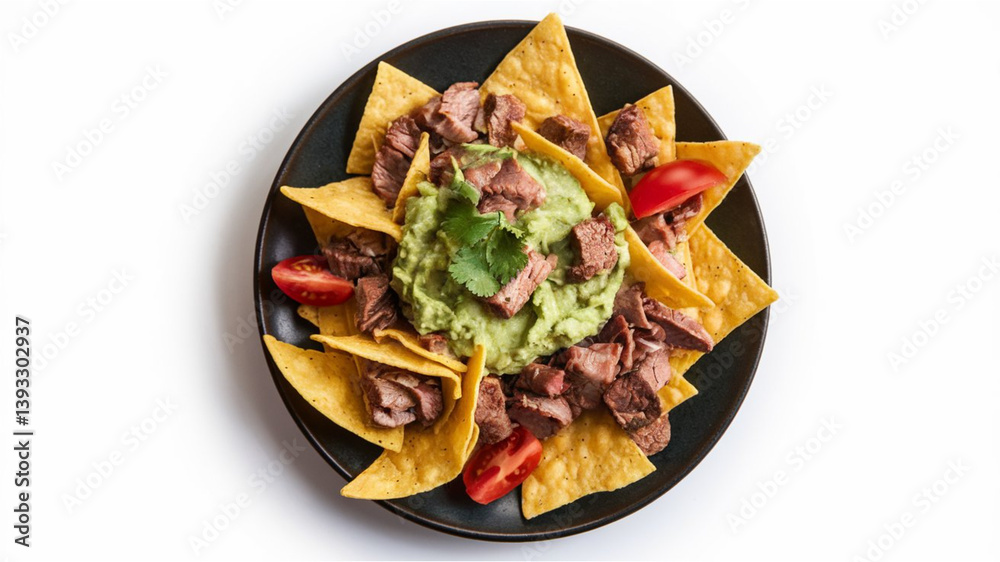 Tortilla Chips: Crispy yellow chips topped with creamy green guacamole, chunks of cooked meat, red tomato slices, and fresh cilantro, set on a white background. Tortilla Chips: Crispy yellow chips topped with creamy green guacamole, chunks of cooked meat, red tomato slices, and fresh cilantro, set on a white background.