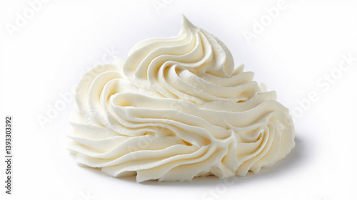 Photos Whipped Cream Dollop: A smooth, velvety swirl of creamy white whipped cream or frosting, set against a plain white background, showcasing its soft texture and elegant peaks