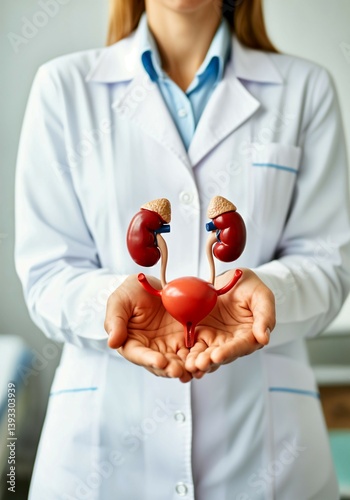 Female doctor holding anatomical model of human urinary system including kidneys and bladder