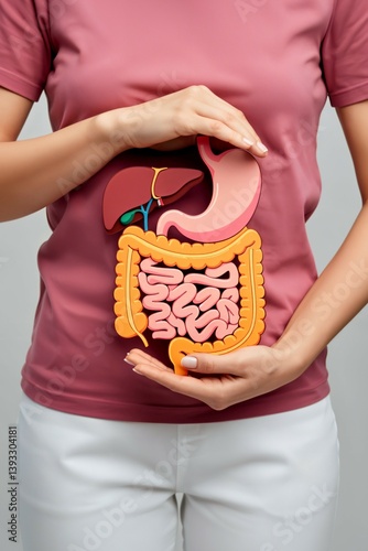 Female holding colorful anatomical digestive system model in front of torso showing stomach intestines liver photo