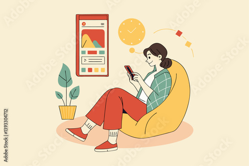 Illustration vector of a  woman sitting in a living room and using a phone