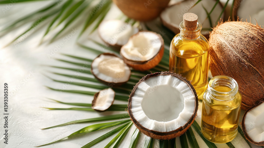 Fresh coconuts are cut open to reveal their white flesh beside bottles of coconut oil, all arranged on a green tropical leaf, capturing a vibrant and natural essence