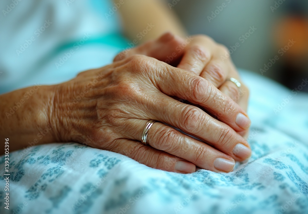 Fototapeta premium Gentle hands of an elderly woman resting on a soft blanket reflecting peaceful moments of life : Generative AI