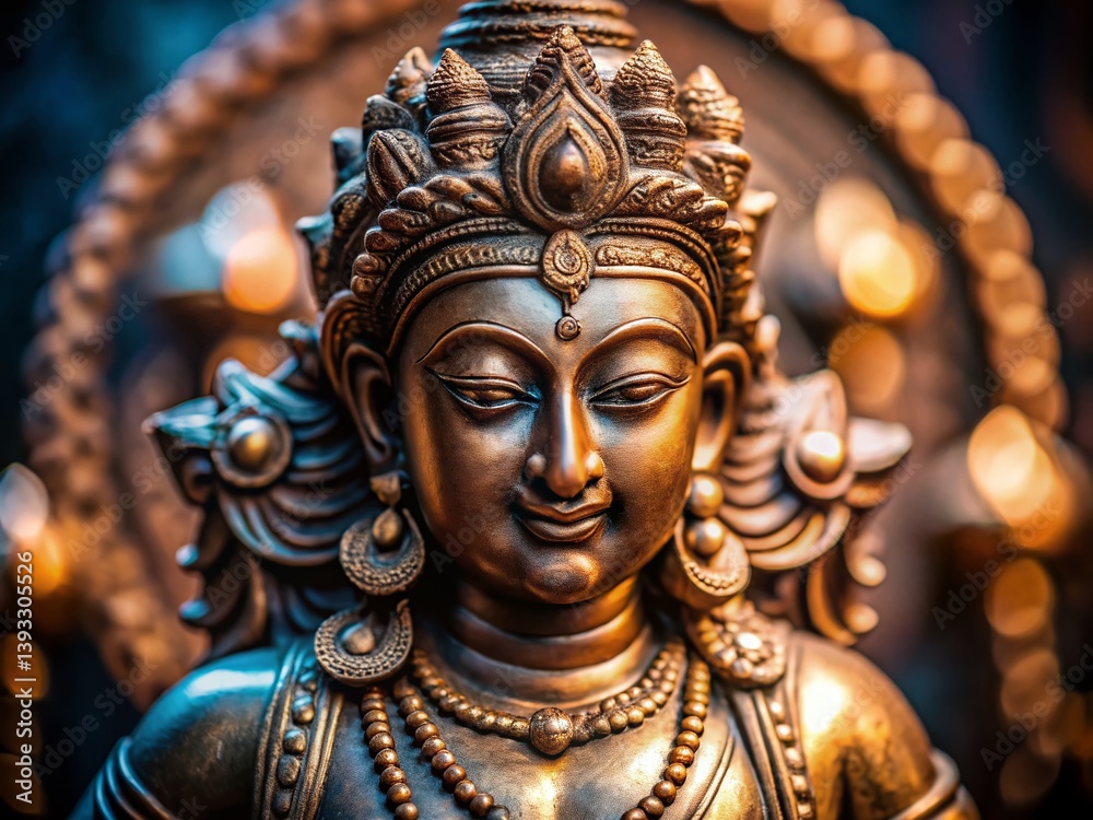 Fototapeta premium Detailed Closeup of a Minimalist Bronze Hindu Deity Statue Exquisite Craftsmanship and Spiritual Symbolism