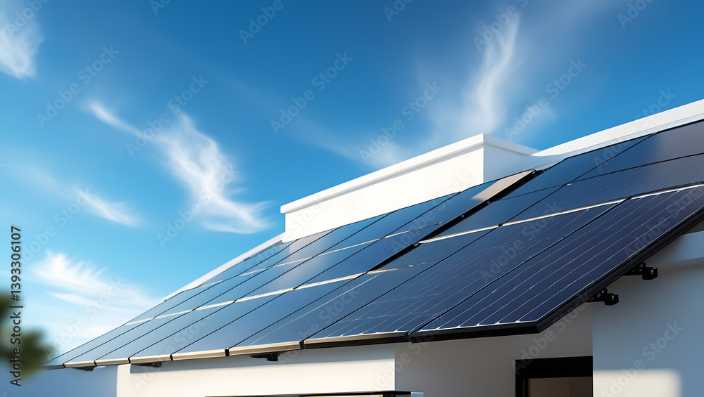 Fototapeta premium solar panels on modern house rooftop, blue sky, clean energy concept, photorealistic