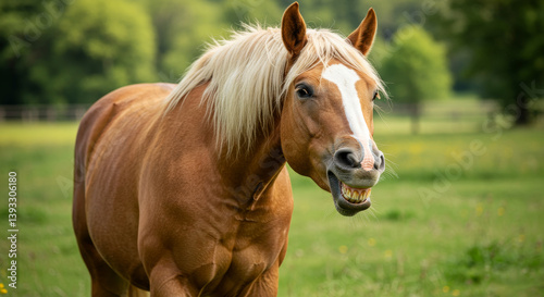 Happy Chestnut Horse in Pasture - A cheerful chestnut horse with a blonde mane smiles playfully in a lush green pasture. Symbolizing joy, freedom, nature, serenity, and rural life