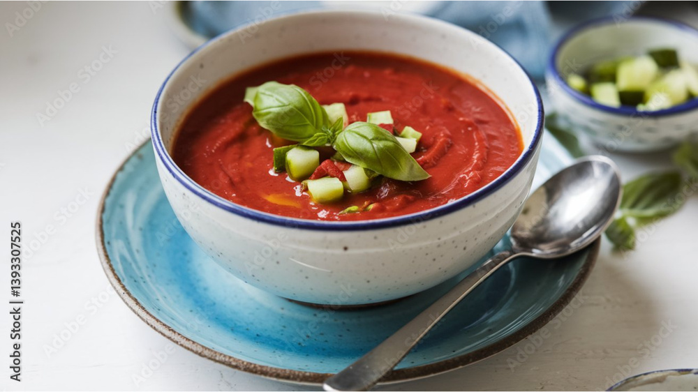Red Soup: A vibrant red soup garnished with diced green vegetables and basil, served in a blue bowl with a side of fresh chopped veggies, against a white surface. Red Soup: A vibrant red soup garnished with diced green vegetables and basil, served in a blue bowl with a side of fresh chopped veggies, against a white surface.