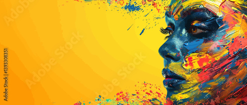 Banner with a woman's face covered in colorful paint explosion on the right corner on solid background