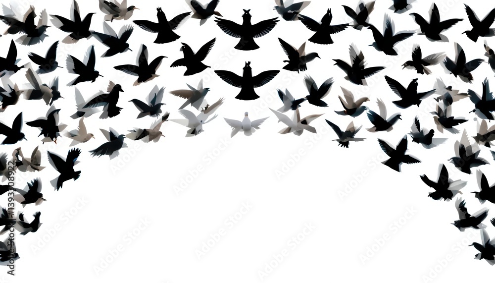 Naklejka premium Flocking birds soaring through the sky nature scene wildlife photography peaceful atmosphere aerial view freedom and movement