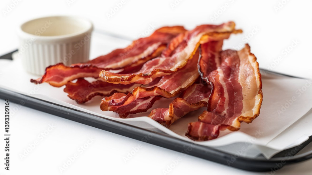 Crispy Bacon: Golden-brown bacon strips neatly arranged on a dark tray, accompanied by a small white container of dipping sauce, set against a plain white background. Crispy Bacon: Golden-brown bacon strips neatly arranged on a dark tray, accompanied by a small white container of dipping sauce, set against a plain white background.