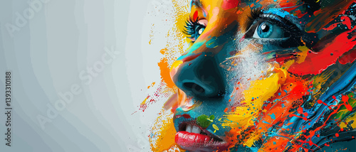 Banner with a woman's face covered in colorful paint explosion on the right corner on solid background
