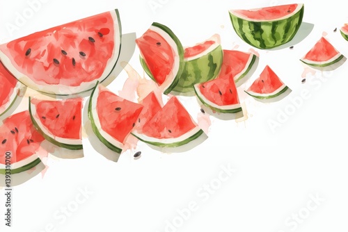 Border with watercolor watermelon slices on white background. Tropical frame. Summer and spring frame template with copy space for greeting card, banner, poster, mockup