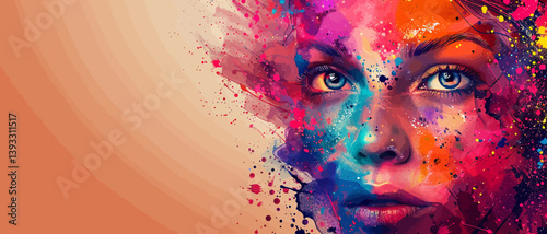 Banner with a woman's face covered in colorful paint explosion on the right corner on solid background