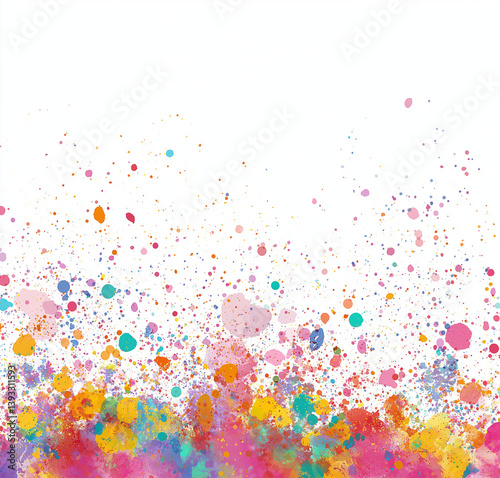  Colorful paint splashes and splatters on a white background with copy space