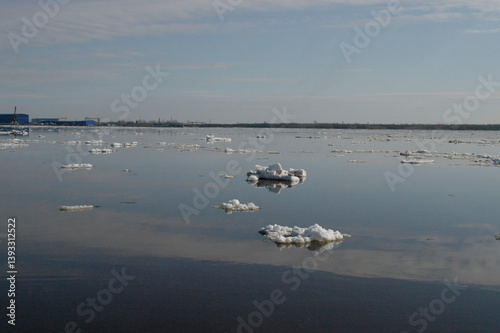 
ice drift on the river in spring in sunny weather
