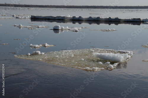 
ice drift on the river in spring in sunny weather