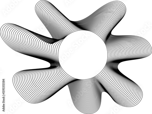 Central circular space framed by dynamic, uneven outer curves resembling dispersed fluid forms with irregular flow.