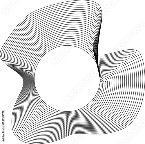 Central circle framed by smoothly distorted outer contours forming irregular layered waves in a dynamic abstract shape.