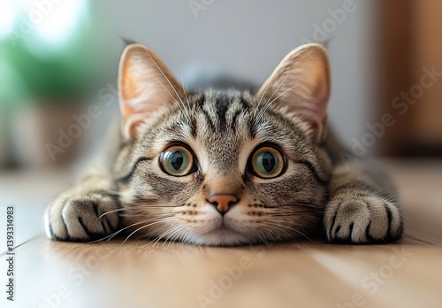 Cute Tabby Cat Lying Down Close Up Portrait Green Eyes Focused Relaxed Domestic Animal Adorable Feline Friend on Wooden Floor : Generative AI
