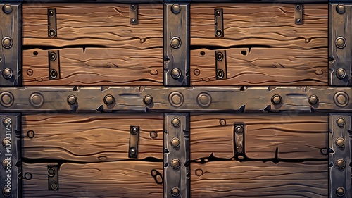 Detailed wooden chest panels with metallic accents and a weathered appearance