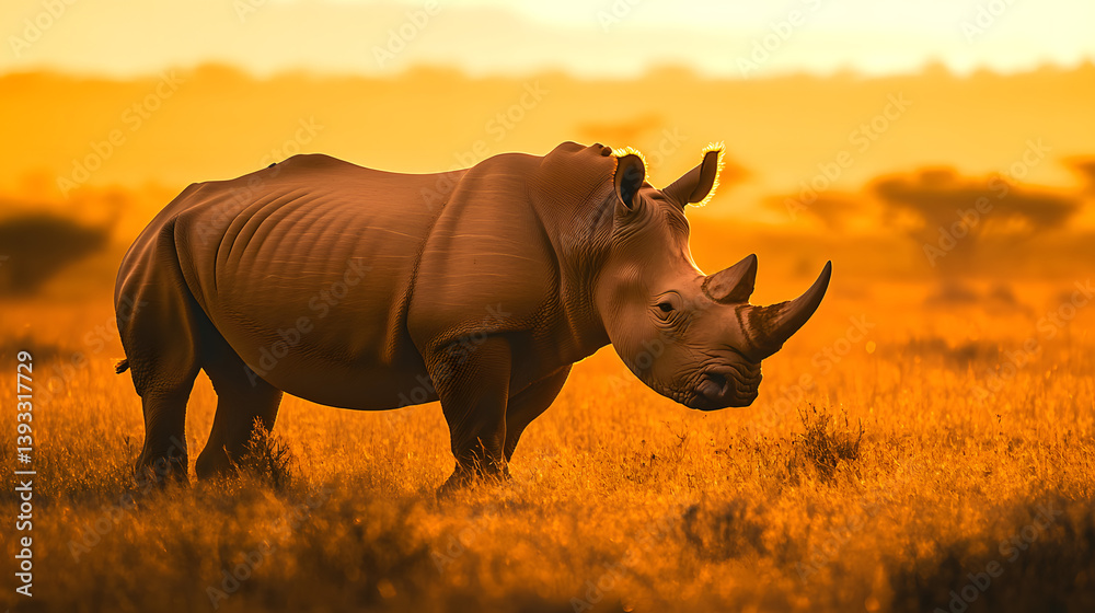 Obraz premium Rhino in golden light: A majestic rhinoceros stands in a field bathed in the warm hues of sunset, showcasing its strength and the beauty of the African savanna. Wildlife photography at its finest.