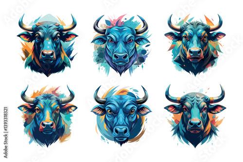 A digital vector illustration of Bull, cow, Angus, buffalo, cattle Head logo, silhouette vector set icon symbol design for the company.