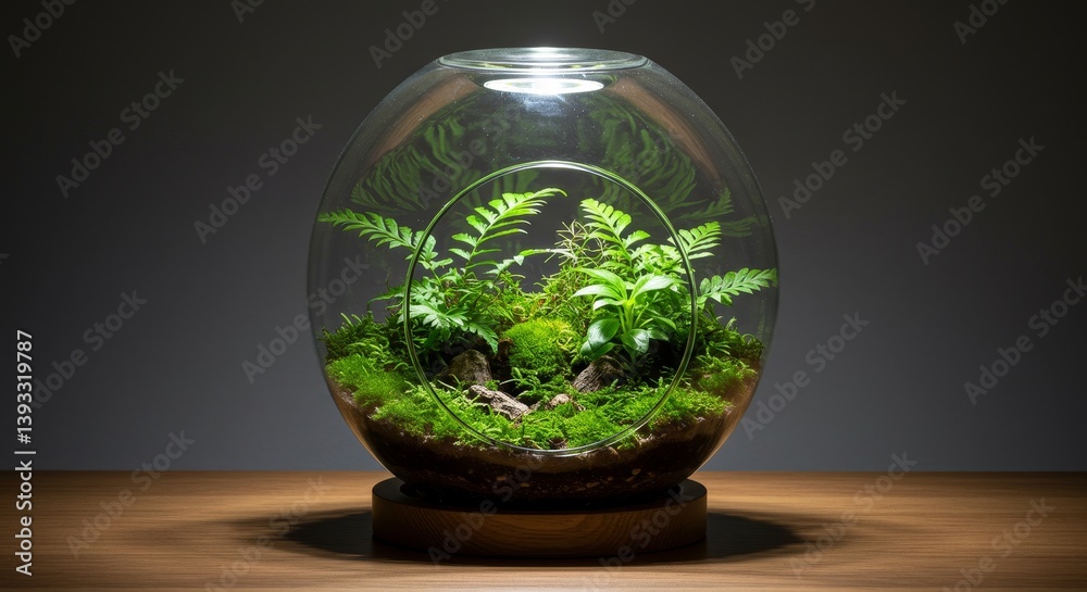 Round Glass Terrarium Home Decor - Elegant round glass terrarium, showcasing a miniature ecosystem of vibrant green plants and moss. Symbolizing nature, serenity, growth, harmony, and life Round Glass Terrarium Home Decor - Elegant round glass terrarium, showcasing a miniature ecosystem of vibrant green plants and moss. Symbolizing nature, serenity, growth, harmony, and life