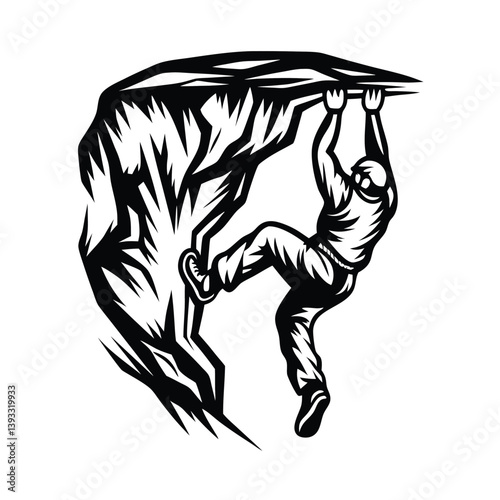 Monochrome Outline of Climber Dangling from Cliff Edge with Full Body Gear Climbing Rock