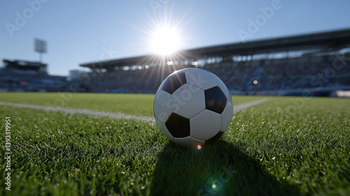 A soccer ball is sitting on a field in the sun. The field is green and the sky is blue