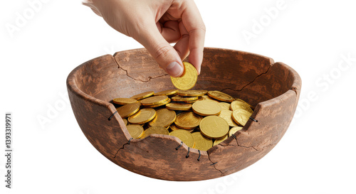 Isolated Hand Placing Coin into Broken Bowl Full of Gold