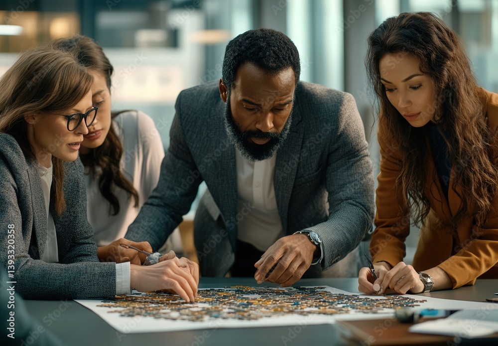 A group of people are gathered around a table playing a jigsaw puzzle. The man in the center is looking at the puzzle, while the other people are watching him. The atmosphere seems to be relaxed A group of people are gathered around a table playing a jigsaw puzzle. The man in the center is looking at the puzzle, while the other people are watching him. The atmosphere seems to be relaxed