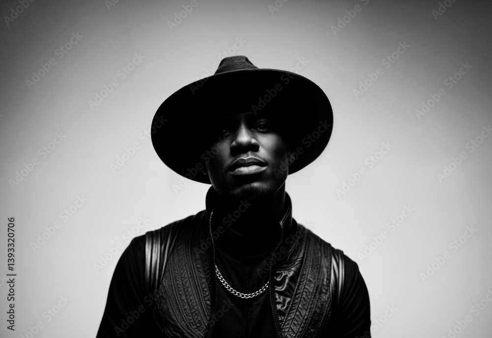 Black-and-white portrait of an african american male model wearing a wide brim hat, a textured vest, and a necklace Black-and-white portrait of an african american male model wearing a wide brim hat, a textured vest, and a necklace