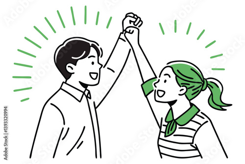 Cheerful Man and Woman HighFive with Green Accents, Simple Line Art on White
