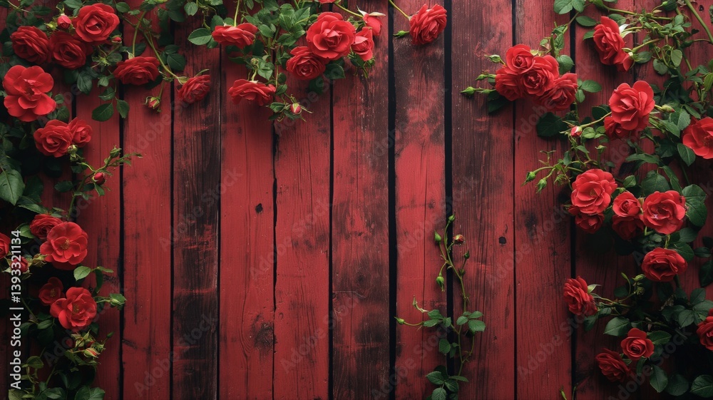 Red roses adorn a rustic wooden backdrop creating a romantic atmosphere Red roses adorn a rustic wooden backdrop creating a romantic atmosphere