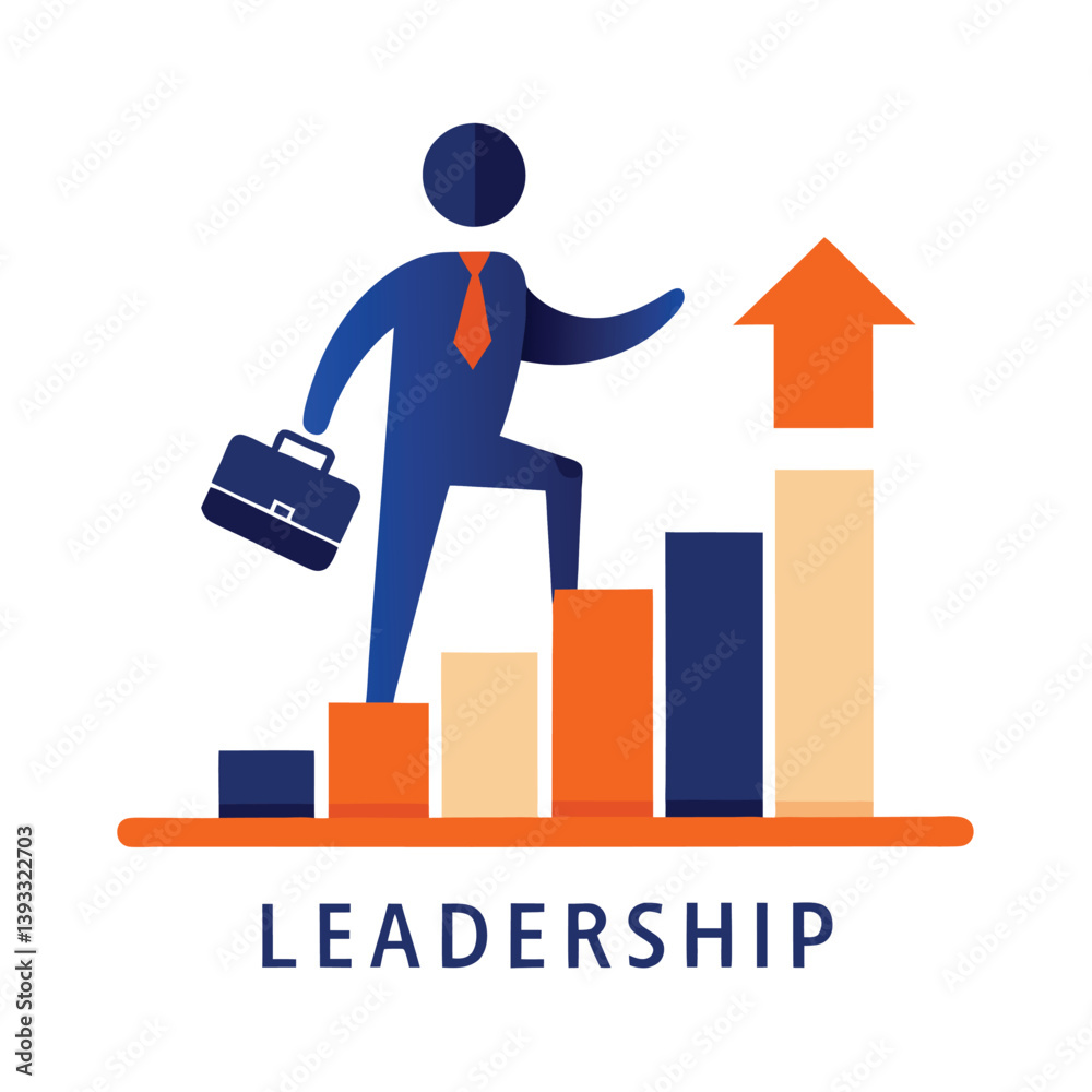 Stick Figure Ascending Bar Chart with Arrow, Businessman, Briefcase and Orange Tie Stick Figure Ascending Bar Chart with Arrow, Businessman, Briefcase and Orange Tie