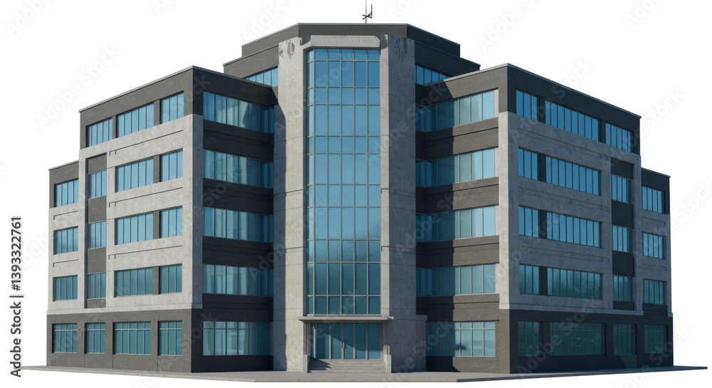 Isolated Modern Office Building with Glass Facade and Concrete Details Isolated Modern Office Building with Glass Facade and Concrete Details